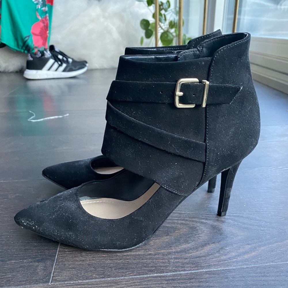 Black suede BCBGeneration heel boot with buckle